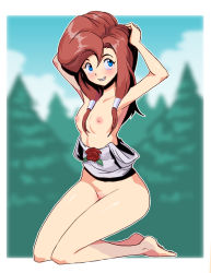 Rule 34 | 1girl, arms behind head, arms up, barefoot, blue eyes, blush, bottomless, breasts, breasts out, brown hair, cloud, daga, flower, full body, holy umbrella, kneeling, long hair, nipples, open clothes, parted lips, pines, rose, small breasts, smile, solo