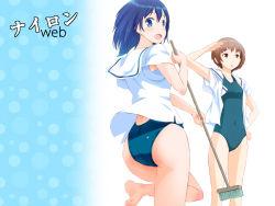 Rule 34 | 2girls, aida makoto, arm up, ass, blue eyes, blue hair, brown eyes, brown hair, brush, covered navel, frogman, from behind, izumi haruka, leg up, looking back, multiple girls, nylon (nylon 100%), one-piece swimsuit, open clothes, open mouth, school uniform, serafuku, short hair, swimsuit, swimsuit under clothes, translation request