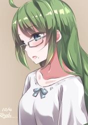 Rule 34 | 1girl, ahoge, alternate costume, bespectacled, blue eyes, collarbone, dated, getou, glasses, green hair, highres, kantai collection, long hair, mole, mole under mouth, pink background, shirt, grey-framed eyewear, simple background, solo, twitter username, upper body, very long hair, yuugumo (kancolle)