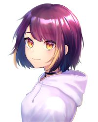 Rule 34 | 1girl, asanabe, black choker, blonde hair, blush, breasts, choker, chromatic aberration, closed mouth, drawstring, female focus, gradient hair, happy, highres, hood, hoodie, light blush, looking at viewer, multicolored hair, original, purple hair, short hair, simple background, small breasts, smile, solo, streaked hair, sweater, upper body, white background, white sweater, yellow eyes