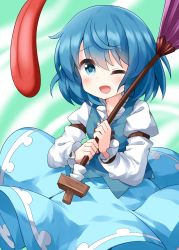 Rule 34 | 1girl, blue eyes, blue hair, blue skirt, blue vest, collared shirt, cowboy shot, cross-laced clothes, cross-laced top, green background, hair between eyes, highres, holding, holding umbrella, juliet sleeves, karakasa obake, long sleeves, looking at viewer, medium hair, one eye closed, open mouth, puffy sleeves, purple umbrella, ruu (tksymkw), shirt, skirt, smile, solo, standing, tatara kogasa, tongue, tongue out, touhou, umbrella, vest, white shirt