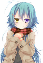 Rule 34 | 1girl, ahoge, alternate hairstyle, aqua hair, blush, buttons, casual, coat, gloves, green hair, hair between eyes, hair down, hair ornament, hairclip, hands on own chest, heterochromia, highres, leura arcane, long hair, long sleeves, looking at viewer, mittens, original, plaid, plaid scarf, pocket, purple eyes, rebecca arcane, scarf, simple background, smile, solo, standing, suterii, sweater, very long hair, white background, yellow eyes