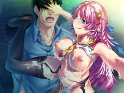 Rule 34 | 1boy, 1girl, aftersex, belly, black hair, black thighhighs, blue eyes, blush, breasts, censored, clothes lift, cum, cum on body, cum on breasts, cum on hair, cum on upper body, facial, garter belt, garter straps, hair ornament, hairclip, hetero, kudou mio, large breasts, licking lips, loafers, long hair, nipples, penis, pink hair, play! play! play!, plump, pregnant, school uniform, sex, shirt lift, shoes, thighhighs, tongue, tongue out, wazakita