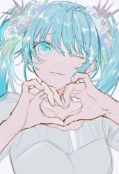 Rule 34 | 1girl, aqua eyes, aqua hair, aqua nails, collarbone, commentary, dress, flower, hair between eyes, hair flower, hair ornament, hatsune miku, heart, heart hands, highres, light smile, looking at viewer, makoto (roketto-massyumaro), miku day, one eye closed, simple background, smile, solo, tareme, teeth, twintails, upper body, vocaloid, white background, white dress