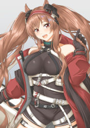 Rule 34 | 1girl, angelina (arknights), angelina (distinguished visitor) (arknights), animal ears, arknights, belt, black gloves, black leotard, breasts, brown eyes, brown hair, coat, cowboy shot, earpiece, fox ears, fox girl, gloves, gradient background, grey background, hair between eyes, hairband, headgear, highres, holding, holding staff, infection monitor (arknights), jacket, leotard, long sleeves, looking at viewer, medium breasts, off shoulder, official alternate costume, open clothes, open coat, open mouth, red coat, red hairband, red jacket, sano souichi, smile, solo, staff, striped clothes, striped hairband, thigh strap, twintails, two-tone hairband, white belt