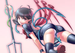 Rule 34 | 04bou, 1girl, :p, ahoge, ass, asymmetrical wings, black hair, black thighhighs, dress, fang, female focus, gradient background, houjuu nue, panties, pointy ears, polearm, red eyes, short hair, snake, solo, spear, thighhighs, tongue, tongue out, touhou, trident, underwear, weapon, white thighhighs, wings