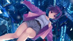 Rule 34 | 1girl, belt, belt buckle, blue hair, buckle, building, city, cityscape, collarbone, colored inner hair, falling, feet out of frame, from above, game cg, grey shorts, highres, ibaraki rino, jacket, looking at viewer, multicolored hair, muririn, night, open clothes, open jacket, open mouth, outstretched arms, parquet (yuzusoft), parted lips, pink jacket, purple eyes, purple hair, short hair, short shorts, shorts, skyscraper, solo, spread arms, streaked hair, tank top, two-tone hair, white tank top