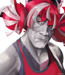 Rule 34 | alma (crippling mark), black bow, bow, colored skin, double bun, fusion, grey hair, grey skin, hair bow, hair bun, heterochromia, highres, hololive, hololive indonesia, kureiji ollie, looking to the side, meme, muscular, muscular female, pink hair, portrait, real life, red eyes, red tank top, solo, tank top, the rock&#039;s eyebrow raise (meme), the rock (dwayne johnson), vine boom (meme), virtual youtuber, white background, yellow eyes, zombie