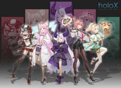 5girls :d absurdres ahoge animal_ear_fluff animal_ears animal_hood aqua_eyes bandaged_arm bandages black_coat black_footwear black_gloves black_hair black_jacket black_shorts black_skirt blonde_hair blue_eyes blush boots brown_pantyhose chest_belt chest_sarashi claw_pose coat commentary cropped_shirt crow_(la+_darknesss) eye_mask fangs fingerless_gloves ganmo_(takane_lui) gloves green_skirt grey_hair hair_ornament hakui_koyori hakui_koyori_(1st_costume) half_gloves haori head_wings high_heels highres holding holding_test_tube holding_whip holographic_interface hololive holox hood huge_horns jacket japanese_clothes katana kazama_iroha kazama_iroha_(1st_costume) kokoro_(hakui_koyori) la+_darknesss la+_darknesss_(1st_costume) lab_coat leaf_hair_ornament long_hair long_sleeves looking_at_viewer multicolored_hair multiple_girls nail_polish necktie null_suke open_mouth orca_hood pantyhose pantyhose_under_shorts partially_fingerless_gloves pink_hair pink_necktie plaid_clothes plaid_skirt platform_boots platform_footwear pleated_skirt pointy_ears pokobee ponytail projected_inset purple_eyes purple_hair purple_thighhighs red_nails red_necktie red_skirt sakamata_chloe sakamata_chloe_(1st_costume) sarashi shadow sheath sheathed shorts single_thighhigh skirt sleeves_past_fingers sleeves_past_wrists smile standing standing_on_one_leg stomach streaked_hair sword tail takane_lui takane_lui_(1st_costume) test_tube thigh_strap thighhighs torn_clothes torn_thighhighs unsheathing virtual_youtuber weapon white_haori white_thighhighs wings wolf_ears wolf_girl wolf_tail yellow_eyes