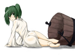 Rule 34 | 1girl, akudato, ass, bare legs, barefoot, bucket, female focus, green eyes, green hair, kisume, long sleeves, looking back, matching hair/eyes, aged up, short hair, solo, touhou, twintails, wide sleeves