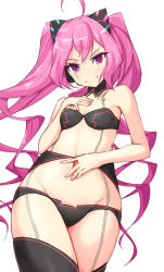 Rule 34 | &gt;:), 1girl, ahoge, bare arms, bare shoulders, bikini, black bikini, black thighhighs, blush, closed mouth, commentary request, cowboy shot, detached collar, drill hair, foreshortening, from below, grace (sound voltex), hand on own chest, hand on own stomach, headgear, htoin, kuro (be ok), long hair, looking at viewer, looking down, navel, pink eyes, pink hair, simple background, smile, solo, sound voltex, sound voltex iii gravity wars, standing, stomach, swimsuit, thighhighs, twin drills, twintails, v-shaped eyebrows, very long hair, white background