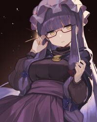 Rule 34 | 1girl, adjusting eyewear, arm up, bespectacled, blunt bangs, bow, breasts, dress, falken (yutozin), glasses, hair bow, hat, highres, long hair, long sleeves, looking at viewer, medium breasts, open mouth, patchouli knowledge, purple bow, purple hair, red bow, revision, semi-rimless eyewear, shirt tucked in, simple background, skirt, solo, sweater, touhou, upper body, very long hair, yellow eyes