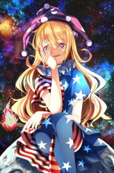 Rule 34 | 1girl, american flag dress, american flag pants, american flag print, black sky, blonde hair, clownpiece, commentary request, crossed legs, dress, fire, hair between eyes, hand on own face, hand up, hat, highres, holding, holding torch, jester cap, long hair, looking at viewer, moon, neck ruff, night, night sky, open mouth, pants, pink eyes, pink hat, polka dot, print pants, short sleeves, sitting, sky, smile, solo, space, star (sky), star (symbol), star print, starry sky, striped clothes, striped dress, striped pants, torch, touhou, wakadori1234