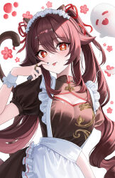 Rule 34 | 1girl, alternate costume, animal ears, apron, black nails, boo tao (genshin impact), breasts, brown dress, brown hair, cat ears, cat girl, cat tail, dress, flower-shaped pupils, genshin impact, hair between eyes, hairband, highres, hu tao (genshin impact), long hair, maid, maid apron, medium breasts, red eyes, sicle, smile, solo, symbol-shaped pupils, tail, tongue, tongue out, twintails