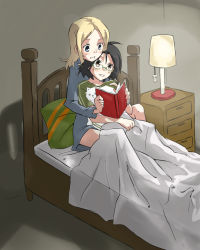 Rule 34 | 10s, 2girls, aleksandra i. pokryshkin, bed, bespectacled, between legs, black hair, blanket, blonde hair, blush, book, brave witches, brown eyes, chikiso, glasses, green-framed eyewear, highres, holding, holding book, kanno naoe, long hair, multiple girls, open book, open mouth, reading, short hair, sitting, smile, strike witches, world witches series