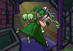 Rule 34 | 2girls, asphyxiation, bare shoulders, blue hair, breasts, cleavage, colored skin, cross, detached sleeves, dress, eyepatch, flying kick, gameplay mechanics, gloves, green hair, green skin, hair over one eye, hat, highres, holster, kicking, kneeing, large breasts, leviathan (skullgirls), long skirt, mask, mouth mask, multiple girls, nurse, nurse cap, off shoulder, outstretched arms, ponytail, red eyes, short dress, skirt, skullgirls, sleeves past wrists, southpawper, squigly (skullgirls), strangling, striped, striped sleeves, surgical mask, syringe, valentine (skullgirls), white gloves, zombie, zombie pose