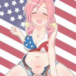 Rule 34 | 10s, 1boy, 1girl, amatsuka megumi (gj-bu), american flag, american flag bikini, american flag print, annosada, bad id, bad pixiv id, belt, bikini, bow, breasts, buckle, cleavage, closed eyes, clothed sex, collarbone, cowgirl position, cum, cum in pussy, deep penetration, drill hair, flag print, girl on top, gj-bu, hair bow, happy sex, hetero, large breasts, long hair, navel, open mouth, pink hair, pov, print bikini, sex, short shorts, shorts, smile, solo focus, straddling, sweat, swimsuit, twin drills, uncensored, united states, vaginal