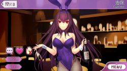 Rule 34 | 1girl, alcohol, animal ears, bar (place), bare shoulders, bottle, breasts, cleavage, cup, curvy, detached collar, drinking glass, fake animal ears, fake screenshot, fate/grand order, fate (series), female focus, fishnet pantyhose, fishnets, koyama hirokazu, leotard, long hair, looking at viewer, official alternate costume, pantyhose, playboy bunny, purple hair, rabbit ears, reeds, scathach (fate), scathach (piercing bunny) (fate), smile, solo, standing, very long hair, wine glass, wrist cuffs