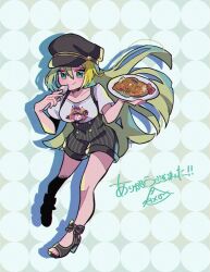 Rule 34 | 1girl, alina gray, aqua eyes, black hat, blonde hair, coco ichibanya, curry, curry rice, food, full body, green hair, hair between eyes, hat, high heels, holding, holding plate, holding spoon, long hair, looking at viewer, magia record: mahou shoujo madoka magica gaiden, mahou shoujo madoka magica, multicolored hair, official alternate costume, overall shorts, overalls, peaked cap, plate, rice, shirt, sidelocks, smile, solo, spoon, standing, streaked hair, t-shirt, takenoko mgrc, very long hair, white shirt