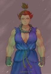 Rule 34 | 1girl, akuma (street fighter), bad id, bad twitter id, beads, biceps, breasts, clenched hands, commentary, commentary request, dark-skinned female, dark skin, dougi, english commentary, facing viewer, forehead, genderswap, genderswap (mtf), hand wraps, karate gi, large breasts, looking at viewer, martial arts belt, midnight bliss, mixed-language commentary, muscular, muscular female, no bra, plunging neckline, prayer beads, quasimodox, red eyes, red hair, rope belt, short hair, sleeveless, solo, standing, street fighter, topknot