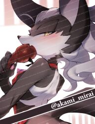 Rule 34 | 1boy, animal ears, animal nose, apron, artist name, back, black fur, blush, claws, eating, fang, food, from behind, furry, furry male, half-closed eyes, hand up, holding, holding food, iiimirai, infinite (sonic), jackal boy, jackal ears, jackal tail, long hair, looking at viewer, looking back, male focus, open mouth, red apron, simple background, solo, sonic (series), sonic forces, standing, tail, two-tone fur, watermark, white background, white fur, white hair, yellow eyes