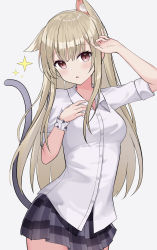 Rule 34 | 1girl, :o, animal ears, arm up, black skirt, blonde hair, blush, breasts, cat ears, cat girl, cat tail, collared shirt, commentary request, cowboy shot, grey background, hand up, highres, long hair, looking at viewer, medium breasts, miniskirt, nagisa (cxcx5235), open mouth, original, plaid, plaid skirt, pleated skirt, red eyes, school uniform, shirt, short sleeves, skirt, sleeves rolled up, solo, sparkle, tail, tail raised, white shirt, wing collar, wrist cuffs