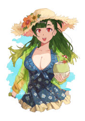 Rule 34 | 1girl, :d, artist name, blue dress, breasts, cleavage, coconut cup, cropped torso, cup, dress, fish skeleton hair ornament, floral print, flower, frilled dress, frills, g28 (girls&#039; frontline), g28 (tropical storm) (girls&#039; frontline), girls&#039; frontline, green hair, hat, hat flower, hei chuan gui, highres, holding, holding cup, jacket, large breasts, long hair, mole, mole on breast, official alternate costume, one side up, open mouth, red eyes, see-through, see-through jacket, simple background, smile, straight-on, straw hat, sun hat, teeth, upper teeth only