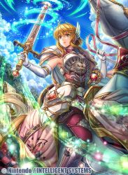 Rule 34 | 1girl, animal, armor, blonde hair, blue sky, boots, breastplate, cloud, commentary request, company connection, copyright name, day, earrings, elbow gloves, energy, fire emblem, fire emblem: thracia 776, fire emblem cipher, fumi (butakotai), gem, gloves, green eyes, holding, holding sword, holding weapon, horse, horseback riding, jewelry, knee boots, looking away, nanna (fire emblem), nintendo, official art, outdoors, pants, pauldrons, pink pants, riding, serious, short hair, shoulder armor, sidelocks, sky, solo, sparkle, staff, sword, weapon, winged hair ornament