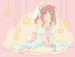 Rule 34 | 1girl, animal ears, artist name, back bow, bare shoulders, birthday, blue dress, blue ribbon, blunt bangs, blush, bow, bowtie, breasts, brown eyes, brown hair, chagi chage, commentary request, dot nose, dress, english text, fake animal ears, footwear bow, full body, idol, idol clothes, idolmaster, idolmaster cinderella girls, idolmaster cinderella girls starlight stage, layered dress, leggings, looking at viewer, medium bangs, medium hair, off-shoulder dress, off shoulder, official alternate costume, ogata chieri, open mouth, parted lips, pink bow, pink bowtie, pink footwear, pom pom (clothes), puffy short sleeves, puffy sleeves, rabbit-ear headwear, rabbit ears, ribbon, shoes, short sleeves, sidelocks, signature, sitting, small breasts, solo, star (symbol), twitter username, v arms, wariza, wavy hair, white bow, white leggings