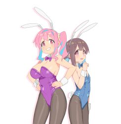 2girls alternate_costume animal_ear_hairband animal_ears arm_at_side bare_arms bare_shoulders black_pantyhose blue_bow blue_bowtie blue_hair blue_leotard bow bowtie breasts brown_eyes brown_hair chinese_commentary cleavage commentary_request covered_navel detached_collar drop_shadow fake_animal_ears flat_chest grin hair_intakes hair_ornament hair_scrunchie hairband hand_up hands_on_own_hips highres hozuki_kaede hozuki_momiji karubi_(karubi465558) large_breasts leotard light_blush long_hair looking_at_viewer matching_outfits multicolored_hair multiple_girls onii-chan_wa_oshimai! open_mouth pantyhose pink_eyes pink_hair playboy_bunny purple_bow purple_bowtie purple_leotard rabbit_ears rabbit_tail scrunchie short_hair siblings side_ponytail sidelocks simple_background sisters smile strapless strapless_leotard tail two-tone_hair white_background white_hairband wrist_cuffs yellow_scrunchie