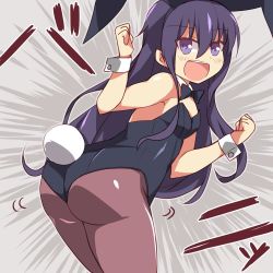 Rule 34 | 1girl, akatsuki (kancolle), alternate costume, animal ears, ass, back, bare shoulders, black leotard, black pantyhose, blush, bow, bowtie, breasts, brown pantyhose, covered navel, cowboy shot, detached collar, detached sleeves, fake animal ears, grey background, hair between eyes, kantai collection, leotard, long hair, looking at viewer, looking back, messy hair, open mouth, pantyhose, playboy bunny, purple eyes, purple hair, rabbit ears, rabbit tail, screaming, small breasts, solo, strapless, strapless leotard, tail, wahiko (black bastard), wrist cuffs
