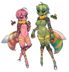 Rule 34 | 2girls, :/, ahoge, arthropod girl, bar censor, bee girl, black sclera, blue wings, breasts, brown eyes, censored, claws, closed mouth, colored nipples, colored sclera, colored skin, full body, fur collar, green hair, green nipples, green skin, hand up, highres, hornet (terraria), insect girl, insect wings, low wings, medium breasts, moss hornet (terraria), multiple girls, navel, nipples, nude, nyong nyong, open mouth, orange wings, personification, pink hair, pink skin, purple eyes, raised eyebrow, reference inset, short hair, simple background, small breasts, stinger, terraria, uneven eyes, white background, wings