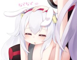 Rule 34 | 2girls, :o, animal ears, azur lane, bare shoulders, blush, breasts, closed eyes, commentary request, hair between eyes, hair ornament, hairband, headpat, kokone (coconeeeco), laffey (azur lane), large breasts, long hair, lying, multiple girls, on lap, on stomach, parted lips, prinz eugen (azur lane), rabbit ears, red hairband, simple background, translated, twintails, white background, white hair