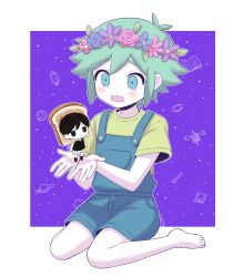 Rule 34 | 2boys, antenna hair, aqua eyes, arms at sides, barefoot, basil (headspace) (omori), basil (omori), black eyes, black hair, black tank top, blue flower, blue overalls, blue rose, blush, border, bread, bread slice, buttons, child, closed mouth, colored skin, commentary request, cupping hands, flipped hair, flower, flower wreath, food, green shirt, grey hair, hair between eyes, hair flaps, head wreath, highres, leaf, looking at another, looking at viewer, multiple boys, no pupils, no shoes, omori, omori (omori), open mouth, outline, outside border, overall shorts, overalls, own hands together, panri, pink flower, pink rose, purple flower, rose, shirt, short hair, short sleeves, shorts, sidelocks, solo focus, striped clothes, striped shorts, tank top, tears, tears from one eye, vertical-striped clothes, vertical-striped shorts, white border, white outline, white shorts, white skin