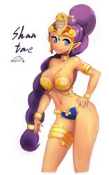 Rule 34 | 1girl, alternate costume, armlet, bad id, bad pixiv id, bare shoulders, blue eyes, bracelet, braid, breasts, bustier, character name, choker, cleavage, contrapposto, cowboy shot, cropped legs, dancer, dancer shantae, dark skin, dark-skinned female, earrings, forehead jewel, hand on own hip, heart, impossible clothes, jewelry, large breasts, long hair, navel, notte, pointy ears, purple hair, shantae: risky&#039;s revenge, shantae, shantae (series), single braid, smile, solo, standing, strapless, thigh strap, thighlet, tiara, very long hair