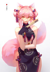 Rule 34 | 1girl, animal ear fluff, animal ears, bare shoulders, bell, black dress, black gloves, blush, breasts, center opening, china dress, chinese clothes, closed mouth, dress, fate/grand order, fate (series), folded fan, folding fan, fox ears, fox girl, fox tail, gloves, gradient background, hair between eyes, hand fan, jingle bell, koyanskaya (chinese lostbelt outfit) (fate), koyanskaya (fate), large breasts, long hair, looking at viewer, pink hair, side slit, sidelocks, smile, solo, tail, tamamo (fate), tassel, user jvst3237, white-framed eyewear, white background, yellow eyes
