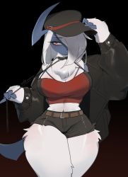 Rule 34 | 1girl, absol, absurdres, black background, black shirt, breasts, claws, collar, commentary, creatures (company), crop top, dated, english commentary, furry, furry female, game freak, gen 3 pokemon, hair over one eye, halterneck, halterneck, hand on headwear, hat, highres, holding, holding leash, jacket, large breasts, leash, looking at viewer, midriff, multicolored clothes, navel, nintendo, pokemon, pokemon (creature), red eyes, red shirt, shirt, short shorts, shorts, signature, solo, white fur, white hair, wide hips, yuio58ok