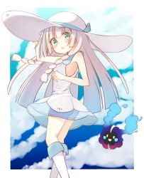 Rule 34 | 1girl, agaki anko, armpits, ass, bad id, bad pixiv id, bag, blonde hair, blue footwear, blue ribbon, blunt bangs, braid, breasts, collared dress, cosmog, creatures (company), dress, duffel bag, from behind, game freak, gen 7 pokemon, green eyes, hat, hat ribbon, highres, holding, holding clothes, holding hat, legendary pokemon, lillie (pokemon), long hair, looking at viewer, nintendo, pokemon, pokemon (creature), pokemon sm, ribbon, see-through, shoes, sleeveless, sleeveless dress, small breasts, sun hat, sundress, twin braids, white dress, white hat