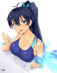 Rule 34 | 1girl, antenna hair, aqua eyes, aqua ribbon, artist name, bare arms, bare shoulders, bikini tan, black hair, blush, breast press, breasts, cleavage, collarbone, competition swimsuit, day, earrings, fang, female focus, fingernails, ganaha hibiki, hair between eyes, hair ribbon, hand up, highres, hoop earrings, idolmaster, idolmaster (classic), jewelry, large breasts, looking at viewer, neck, one-piece swimsuit, open mouth, outdoors, ponytail, pool, poolside, ribbon, school swimsuit, serious, solo, sparkle, submerged, swimsuit, tan, tanline, teeth, tuxedo de cat, upper body, water, wet