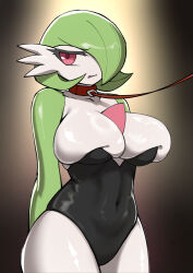 Rule 34 | 1girl, absurdres, arms behind back, averting eyes, bare shoulders, black leotard, bob cut, breasts, cleavage, collar, collarbone, colored skin, covered navel, cowboy shot, creatures (company), female focus, game freak, gardevoir, gen 3 pokemon, gradient background, green hair, green skin, hair over one eye, half-closed eyes, highres, kora574, large breasts, leash, leotard, looking to the side, multicolored skin, nintendo, one eye covered, open mouth, personification, pokemon, pokemon (creature), shiny skin, short hair, shy, simple background, skindentation, solo, standing, strapless, strapless leotard, thick thighs, thighs, two-tone skin, v-shaped eyebrows, white skin, yellow background