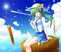 Rule 34 | 1girl, :d, bare shoulders, beach umbrella, blue skirt, blue sky, blush, bow, breasts, cleavage, cloud, commentary request, day, food, frog hair ornament, green hair, hair ornament, unworn hair ornament, hair ribbon, hat, hat bow, kochiya sanae, large breasts, lens flare, long hair, looking at viewer, navel, onbashira, open mouth, osashin (osada), ponytail, popsicle, pyonta, ribbon, shirt, sitting, skirt, sky, sleeveless, sleeveless shirt, smile, snake hair ornament, solo, sun, touhou, umbrella, yellow eyes