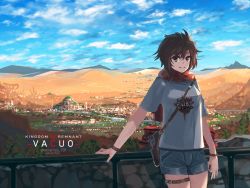 Rule 34 | 1girl, advarcher, alternate costume, backpack, bag, brown hair, casual, city, copyright name, denim, denim shorts, desert, grey eyes, hand on railing, highres, looking at viewer, railing, river, ruby rose, rwby, sand, sandals, scarf, shirt, shorts, smile, solo, t-shirt