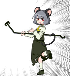 Rule 34 | 1girl, animal ears, capelet, commentary request, cookie (touhou), dowsing rod, full body, grey footwear, grey hair, grey skirt, grey vest, highres, kakusou, long sleeves, looking at viewer, looking to the side, medium bangs, mouse ears, mouse girl, mouse tail, nazrin, nyon (cookie), open mouth, red eyes, shirt, shoes, short hair, simple background, skirt, skirt set, smile, socks, solo, standing, standing on one leg, tail, touhou, vest, white background, white capelet, white shirt, white socks