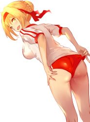 Rule 34 | 1girl, :d, adjusting buruma, adjusting clothes, ahoge, ass, bad id, bad twitter id, blonde hair, braid, breasts, buruma, dutch angle, fate/grand order, fate (series), from behind, green eyes, gym uniform, hair bun, hand on own ass, headband, highres, large breasts, looking back, nero claudius (fate), nero claudius (fate) (all), nero claudius (fate/extra), nero claudius (olympian bloomers) (fate), official alternate costume, open mouth, ramuda (guilty931), red ribbon, ribbon, short hair, simple background, single hair bun, smile, solo, white background