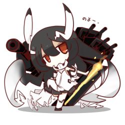 Rule 34 | 10s, 1girl, abyssal ship, anchorage water oni, black hair, brown eyes, chibi, detached sleeves, highres, horns, kantai collection, long hair, looking at viewer, machinery, nuu (nu-nyu), pale skin, simple background, solo, translation request, turret