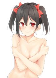 Rule 34 | 10s, 1girl, bad id, bad pixiv id, black hair, blush, bow, breasts, covering privates, covering breasts, flat (joppin karu!), hair bow, highres, looking at viewer, love live!, love live! school idol project, medium hair, navel, nude, red eyes, simple background, small breasts, smile, solo, sweatdrop, upper body, white background, yazawa nico