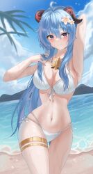 Rule 34 | 1girl, absurdres, arm up, armpits, bare arms, bare shoulders, beach, bikini, blue hair, blue sky, blush, breasts, cleavage, cloud, commentary, cowboy shot, day, flower, ganyu (genshin impact), genshin impact, hair between eyes, hair flower, hair ornament, highres, horns, ien (to yen), large breasts, long hair, looking at viewer, navel, purple eyes, side-tie bikini bottom, sky, solo, standing, stomach, swimsuit, thighlet, thighs, very long hair, white bikini, white flower