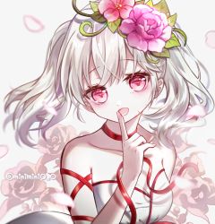 Rule 34 | 1girl, :d, bare shoulders, blush, breasts, character request, choker, collarbone, commission, danby merong, dress, finger to mouth, flower, grey background, hair flower, hair ornament, hand up, head tilt, highres, looking at viewer, maplestory, medium breasts, open mouth, pink flower, pink rose, red choker, red eyes, red flower, red ribbon, ribbon, rose, smile, solo, strapless, strapless dress, twintails, upper body, white dress, white hair