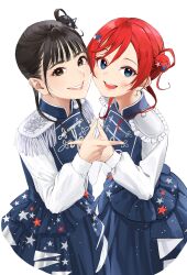 Rule 34 | 2girls, black hair, blue dress, blue eyes, brown eyes, dress, epaulettes, hair bun, hair ornament, highres, long sleeves, looking at viewer, love live!, love live! superstar!!, multiple girls, official alternate costume, parted lips, pointing, red hair, shinyoujurin, sing! shine! smile!, single side bun, smile, star (symbol), star hair ornament, upper body, voice actor, voice actor connection, white background, yabushima akane, yoneme mei