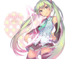 Rule 34 | 1girl, character name, detached sleeves, ds mairu, dsmile, green eyes, green hair, hatsune miku, headset, long hair, matching hair/eyes, musical note, necktie, skirt, smile, solo, sparkle, star (symbol), thighhighs, twintails, vocaloid